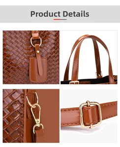 Detail view of woven patent leather texture and gold-tone metal hardware on caramel bag