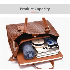 Top view of large brown woven tote bag showing spacious interior for daily essentials