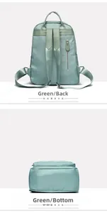 Détails du sac à dos en nylon vert menthe montrant les bretelles et la poche antivol arrière