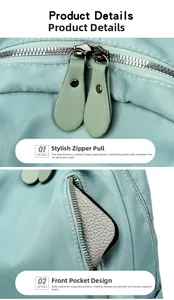 Détails des fermetures éclair stylées et poches antivol sur un sac à dos en nylon menthe