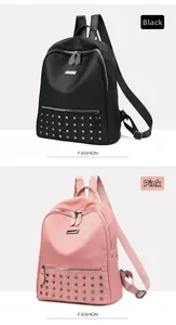 Detailed comparison of black and pink fashion backpacks with studded bottom and metal hardware
