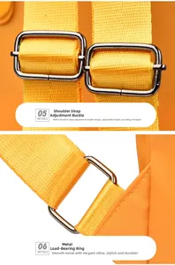 Detail of adjustable metal buckle and durable nylon strap on yellow fashion backpack