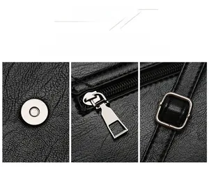 Detail of silver alloy hardware, magnetic buckle, and zipper on black pebbled leather bag