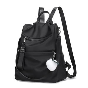 Waterproof black Oxford cloth women backpack with silver studs and white fur ball pendant