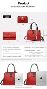 Detailed size chart for red 3-piece bag set including tote, wallet, and card holder