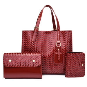 Glossy PU Leather Woven Pattern Handbag And Crossbody Clutch And Wallet Streetwear Trendy Large Capacity Tote Bag