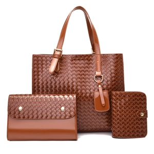 Caramel glossy woven leather tote bag 3-piece set with matching clutch and wallet