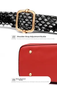 Detail of adjustable snakeskin strap with gold buckle and red bag base with metal feet