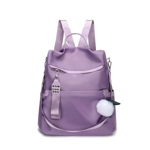 Lavender purple casual backpack in waterproof Oxford cloth with plush ball keychain