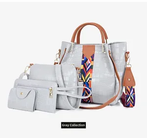 Three-piece set of grey crocodile-textured tote bag, crossbody and clutch with woven strap