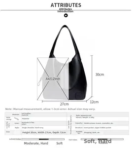 Detailed size chart of a large black soft leather tote bag with dimensions 30x27x12cm