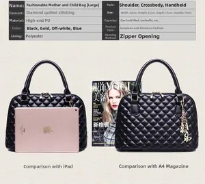 Detailansicht der schwarzen gesteppten PU-Muscheltasche mit Maßen und iPad-Kompatibilität