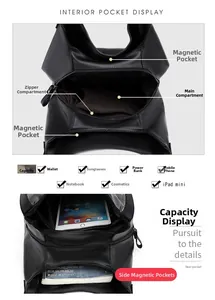 Interior detail of large black leather tote bag with functional pockets and storage space