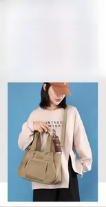 Detail of khaki large capacity nylon tote bag with pleated design and adjustable strap