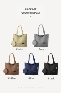 Detail view of large multi-pocket canvas tote bags with matching round coin purses in five colors