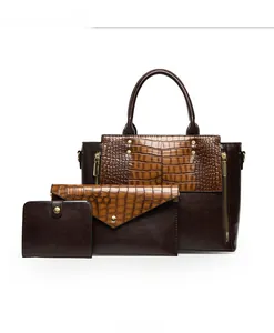 Ensemble de 3 sacs à main kaki à motif crocodile comprenant cabas, pochette et portefeuille