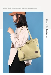 Detail of canvas tote bag featuring a detachable round coin purse and leather patch