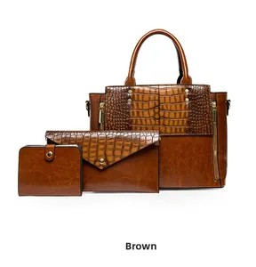 Ensemble 3 pièces marron avec cabas gaufré crocodile, pochette et portefeuille assorti