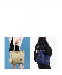 Detail of canvas tote bag with small round pouch showing anti-theft design and logo patch