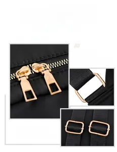 Detail of high-quality gold metal zippers and buckles on a black oxford backpack