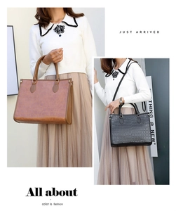 Detail of crocodile embossed tote bags in brown and black with detachable straps