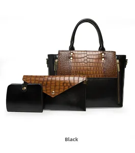 Vue détaillée de l'ensemble de 3 sacs avec texture gaufrée crocodile noire et marron