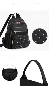 Detail of black quilted nylon backpack with metallic studs and multi-layer zipper compartments