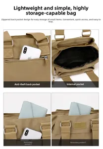Detail of khaki nylon tote bag featuring multi-layer storage and anti-theft zipper pocket