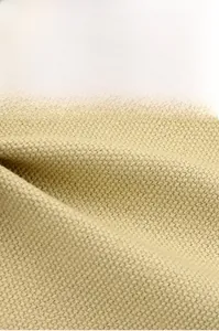 Close-up of beige thick cotton canvas fabric showing durable plain weave texture