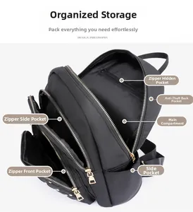 Detail view of the black backpack's multiple compartments and secure anti-theft pockets