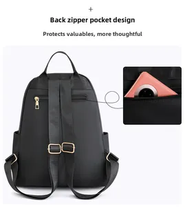 Detail view of the secure anti-theft back pocket on this black oxford travel backpack