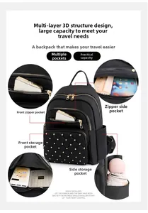 Detail view of black oxford backpack showing multi-pocket storage and quilted design