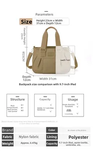 Detailed dimension guide for nylon handbag showing size 31x23x12cm and interior capacity