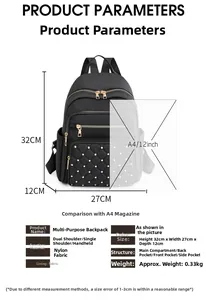 Size chart showing dimensions for a quilted nylon travel backpack with A4 paper comparison