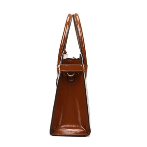 Brown crocodile pattern large capacity patent leather handbag for women with double handles