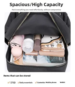 Internal view of black nylon backpack showing large storage capacity for tablets and daily items