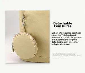 Close-up of a beige canvas handbag detail featuring a detachable round coin purse with zip