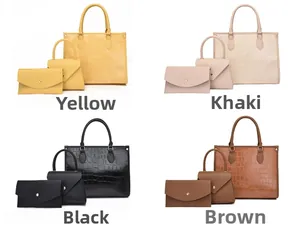 Croc-embossed leather tote bag sets in yellow, khaki, black, and brown four-color display