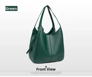 Detailed front view of green large capacity tote bag with soft leather texture and logo