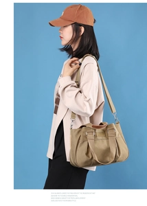 Close-up of khaki nylon tote bag featuring adjustable strap and SANWATE brand logo label