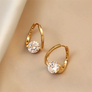 Geometric Hoop Earrings With Large Round Cubic Zirconia Copper Minimalist Elegant Huggie Jewelry For Women