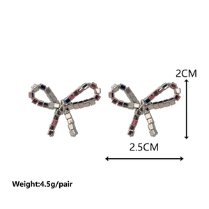 S925 bow stud earrings with multicolored metallic cube beads in silver and rose pink