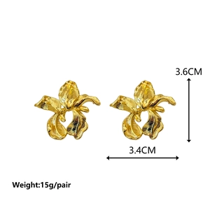 French vintage gold irregular flower stud earrings with brushed metal texture