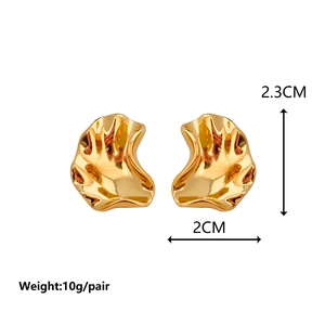 Irregular geometric gold-tone crinkle textured stud earrings for women with size detail