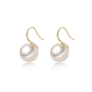 Elegant gold S-hook earrings with high-luster white pearls on a clean white background