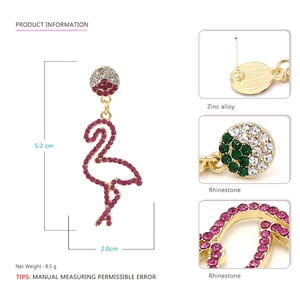 Asymmetric pink flamingo and cactus earrings with sparkling rhinestones in a sized layout