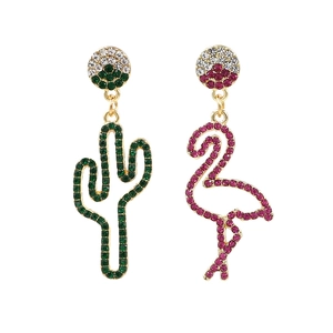 Asymmetric Flamingo And Cactus Stud Earrings Alloy Rhinestone With 925 Sterling Silver Earring Post Tropical Jewelry For Women