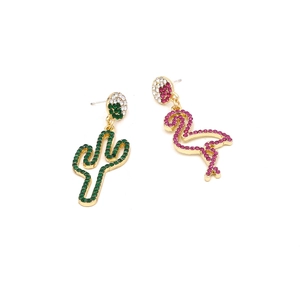 Asymmetric cactus and flamingo stud earrings with colorful crystals and gold plating