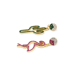Asymmetric cactus and flamingo earrings with colorful crystals on gold-plated alloy