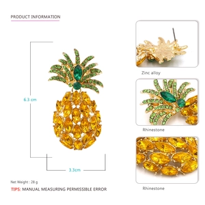 Sparkling pineapple drop earrings with yellow crystals and green rhinestones in 6.3cm size